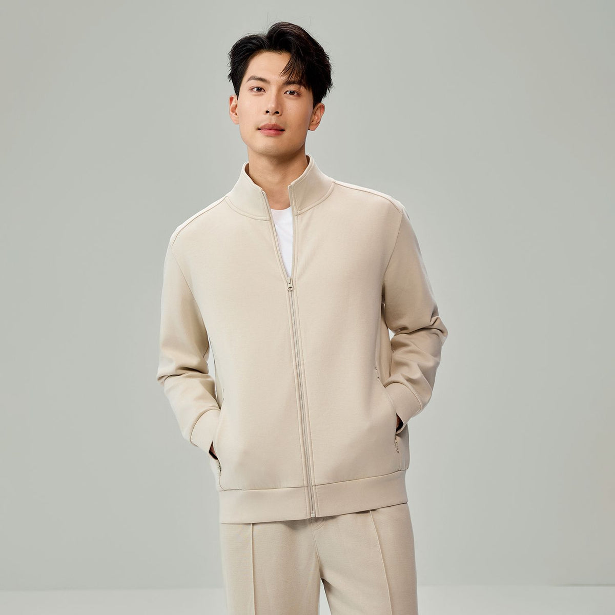 Men Slim Double Knit Full Zip Jacket