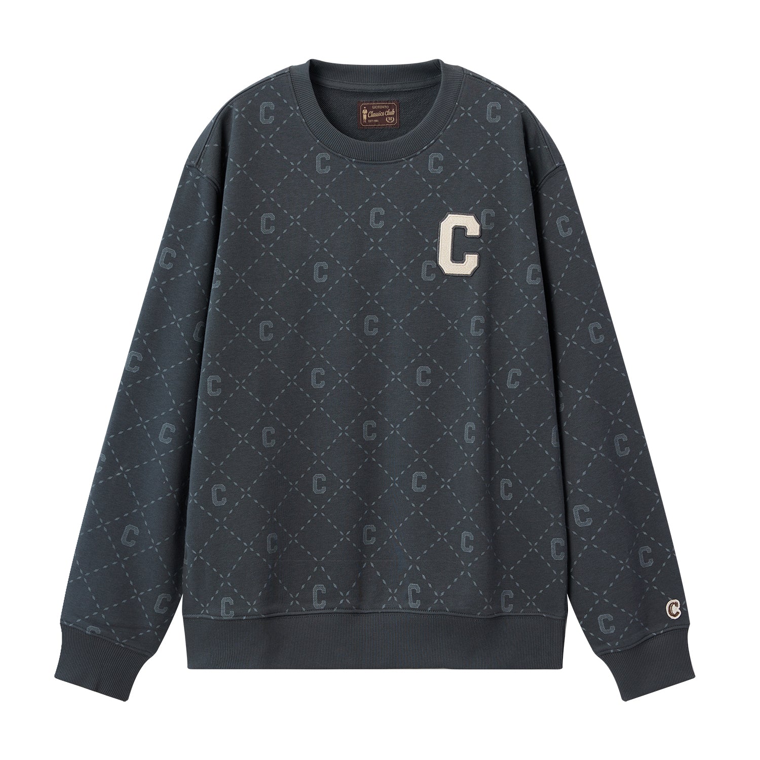 Giordano Men’S French Terry Crew Neck Long Sleeve Relaxed Fit Classic Print Sweatshirt-Grey