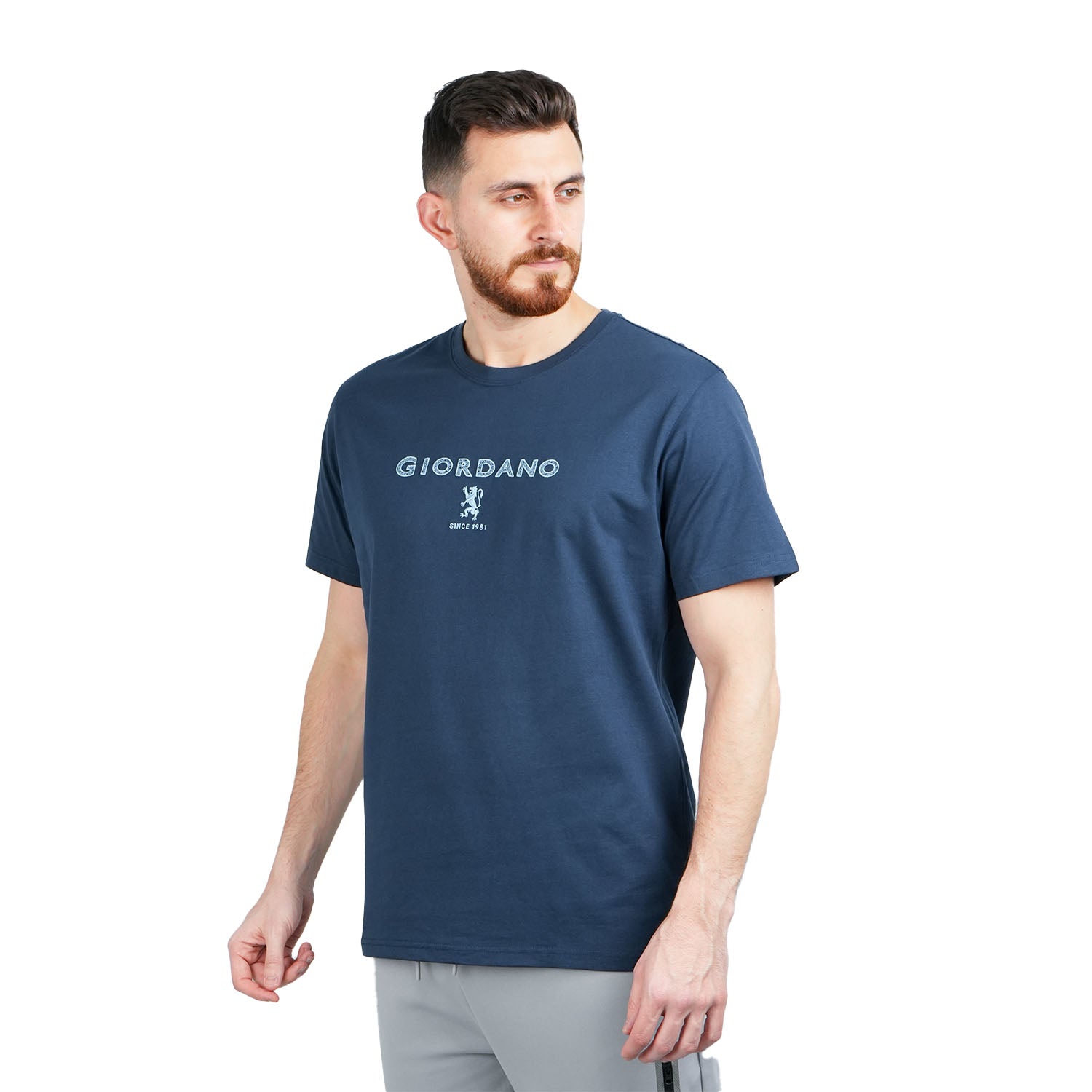 Giordano Men's Slim Fit Cotton Jersey Signature Print Tee-New Navy