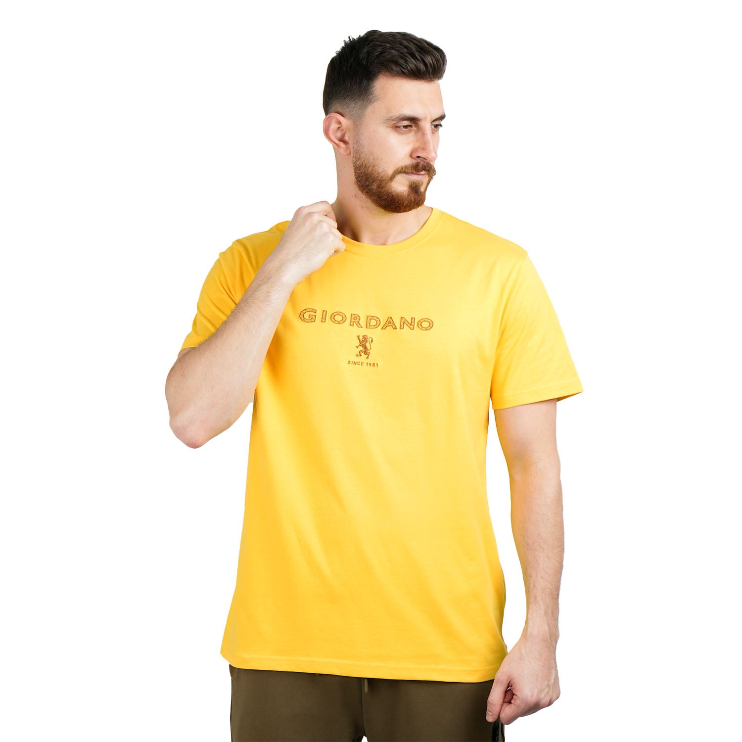 Giordano Men's Slim Fit Cotton Jersey Signature Print Tee-Yellow