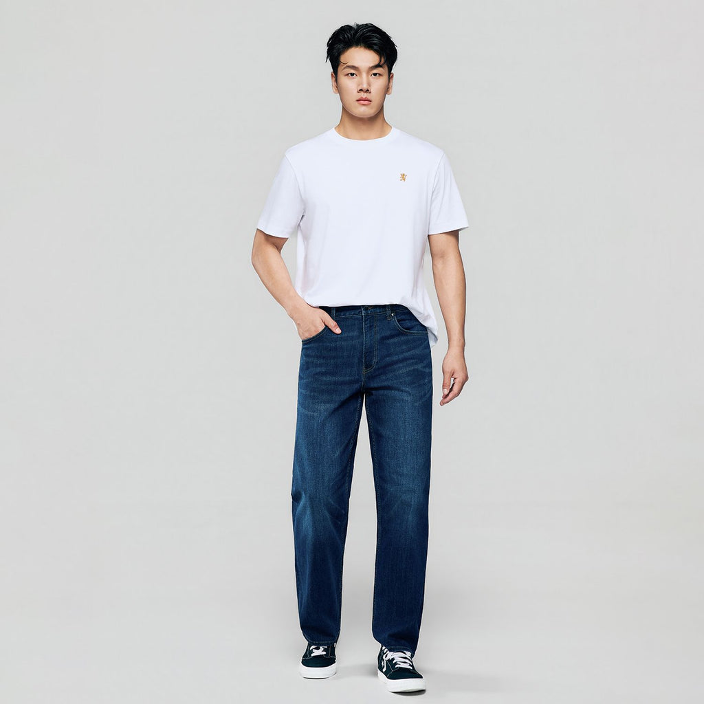 Men Straight Stretch Denim Indigo Jeans