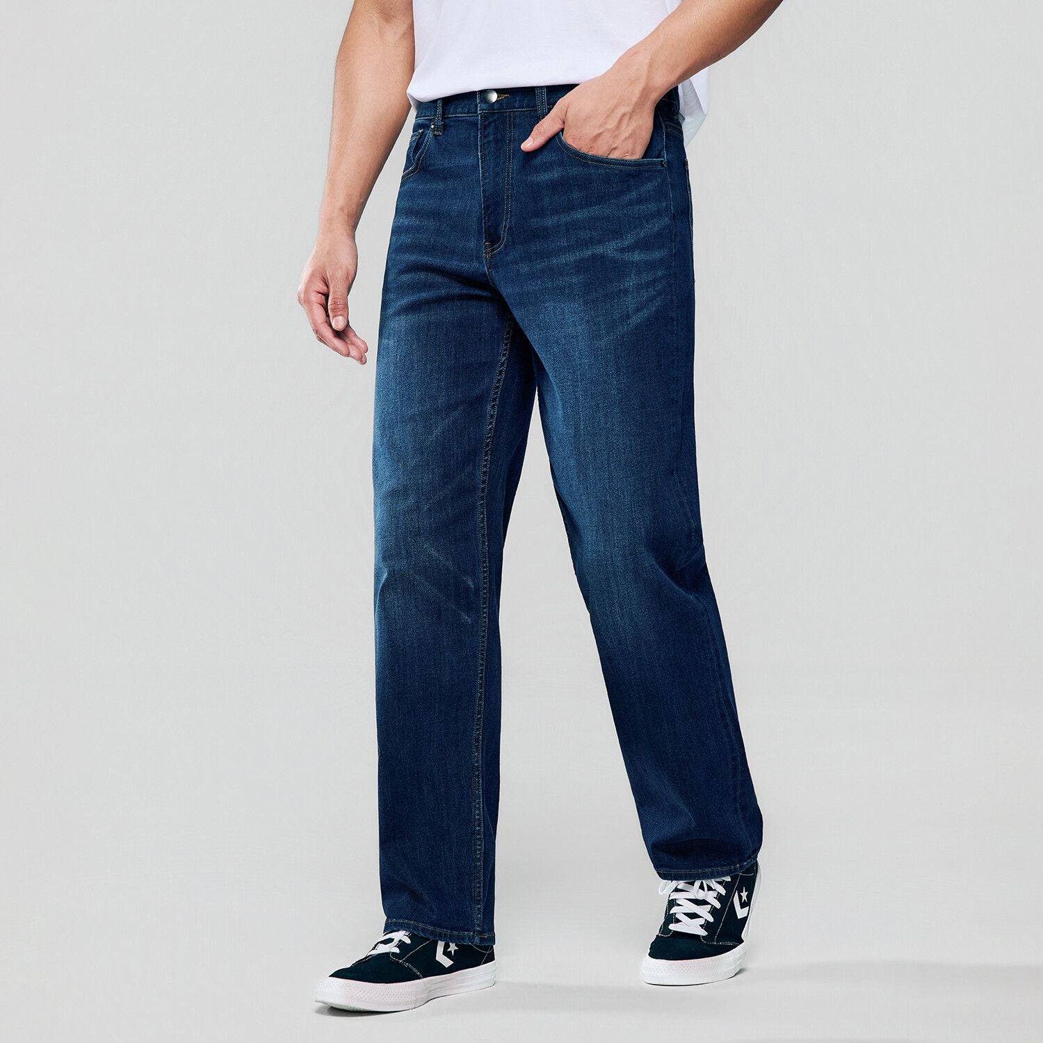 Men Straight Stretch Denim Indigo Jeans