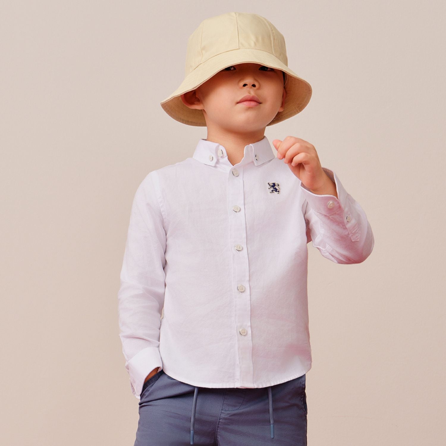 Giordano Kids' Cotton Oxford Shirt: Full Button, Embroidered & Garment Washed-White