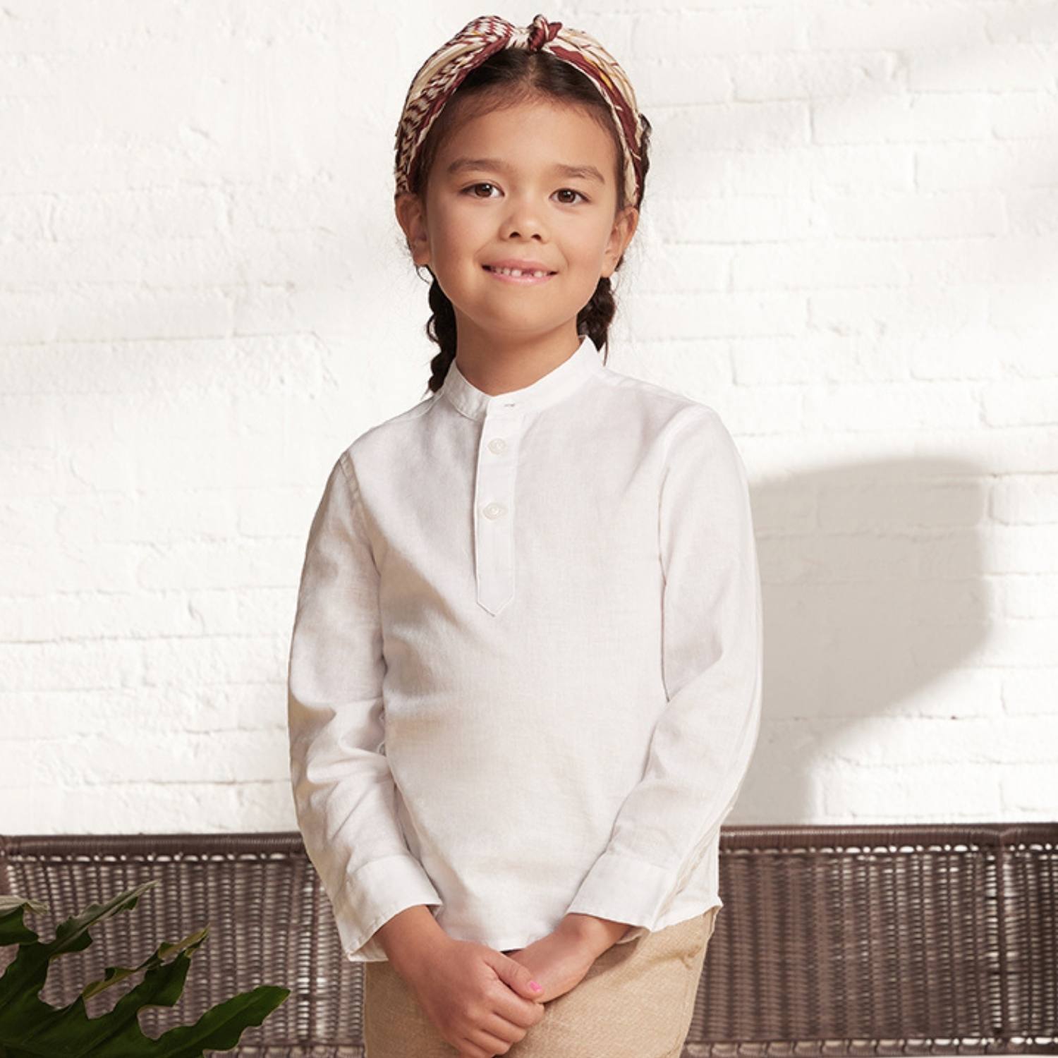 Giordano Kids Linen-Cotton Band Collar Shirt - Long Sleeve, Garment Wash-White