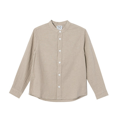 Kids Linen-Cotton Band Collar Shirt - Long Sleeve, Garment Wash
