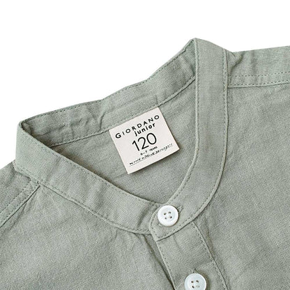 Kids Linen-Cotton Band Collar Shirt - Long Sleeve, Garment Wash