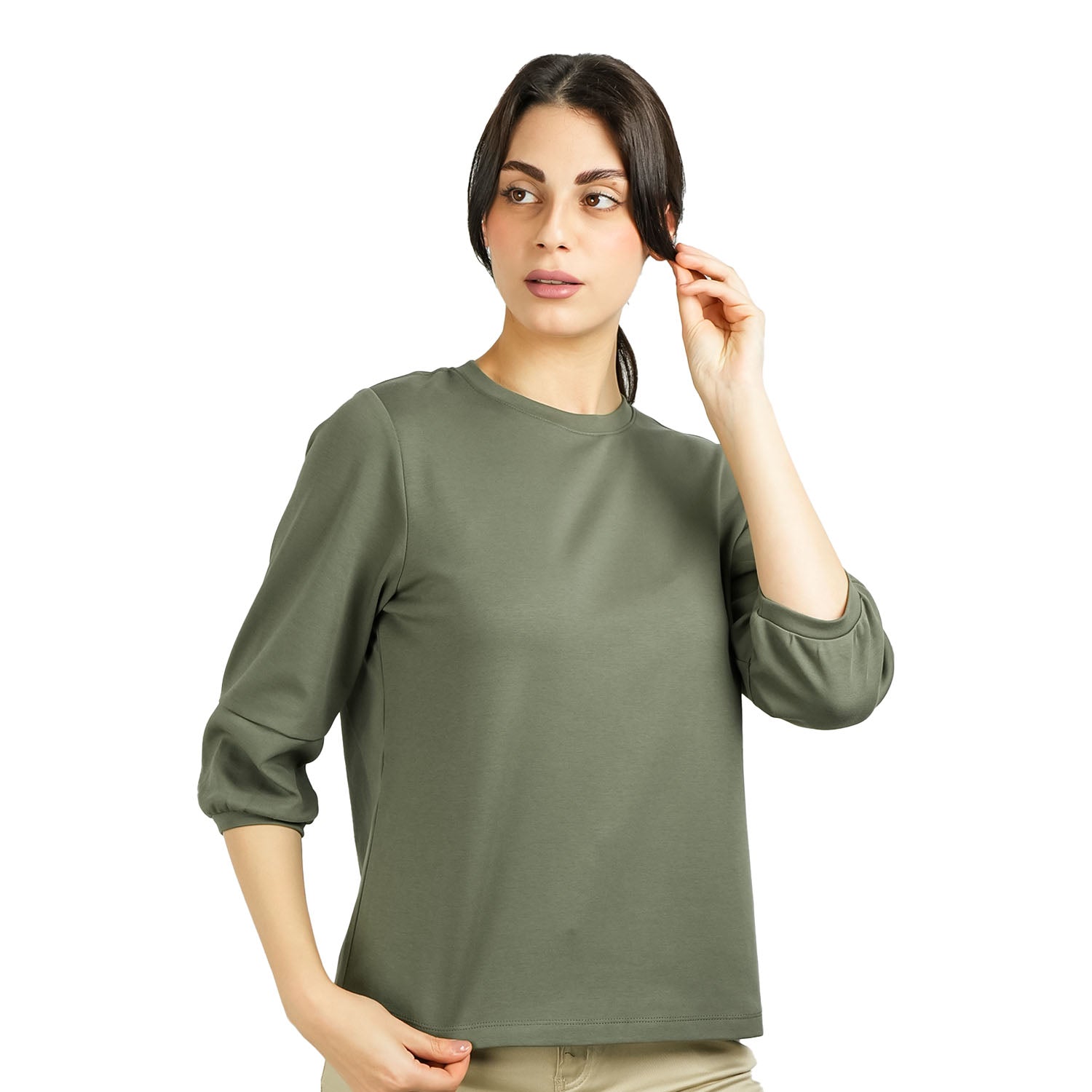 Giordano Women's 3/4 Sleeve Cotton Interlock Tee - Comfort & Style-Green