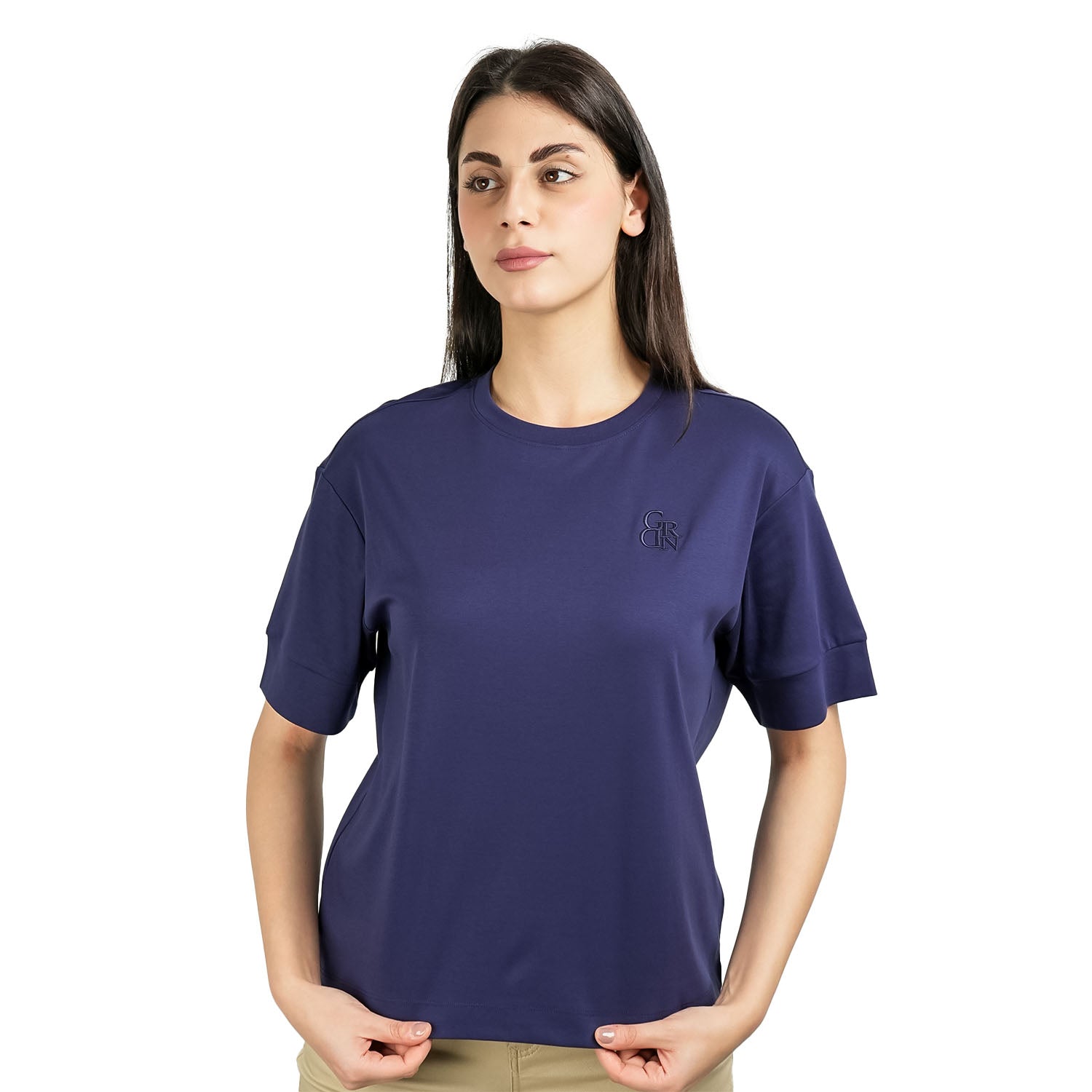 Giordano Women's Liquid Touch Embroidered Cotton Tee-Blue