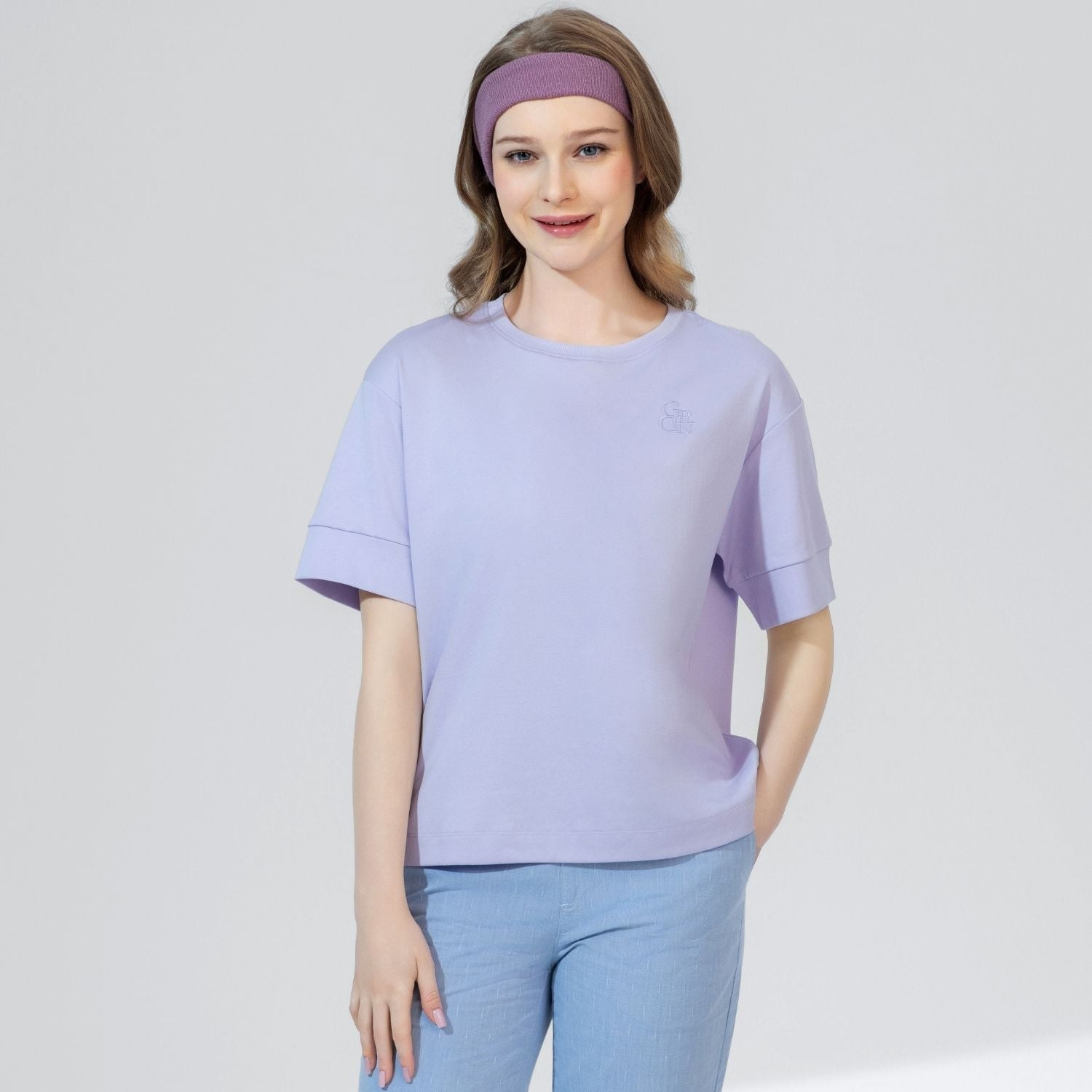 Giordano Women's Liquid Touch Embroidered Cotton Tee-Purple