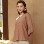 Women's Linen Cotton Poplin Mock Neck Boyfriend Fit Shirt