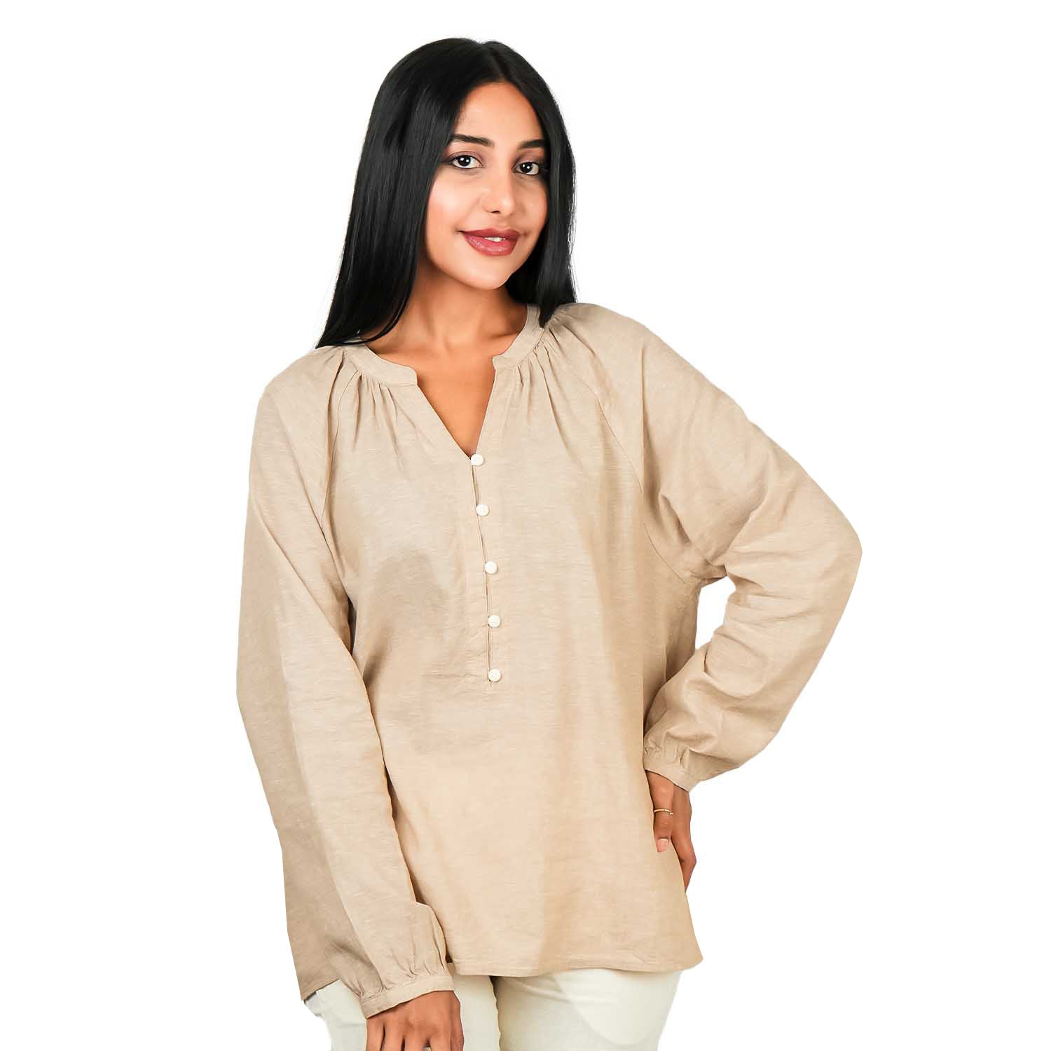 Women's Linen-Cotton Poplin V-Neck Long Sleeve Shirt