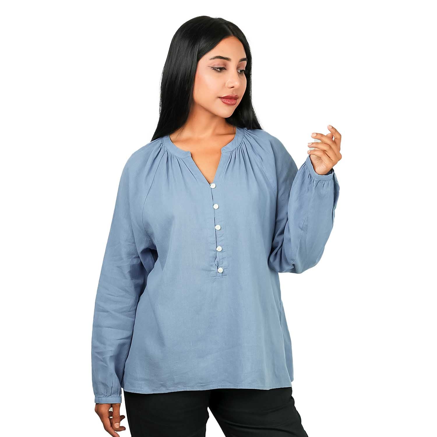 Women's Linen-Cotton Poplin V-Neck Long Sleeve Shirt