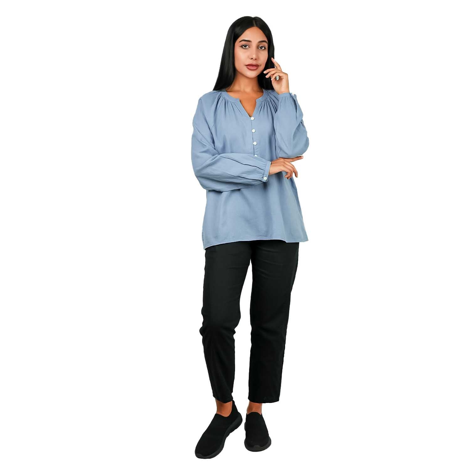 Women's Linen-Cotton Poplin V-Neck Long Sleeve Shirt