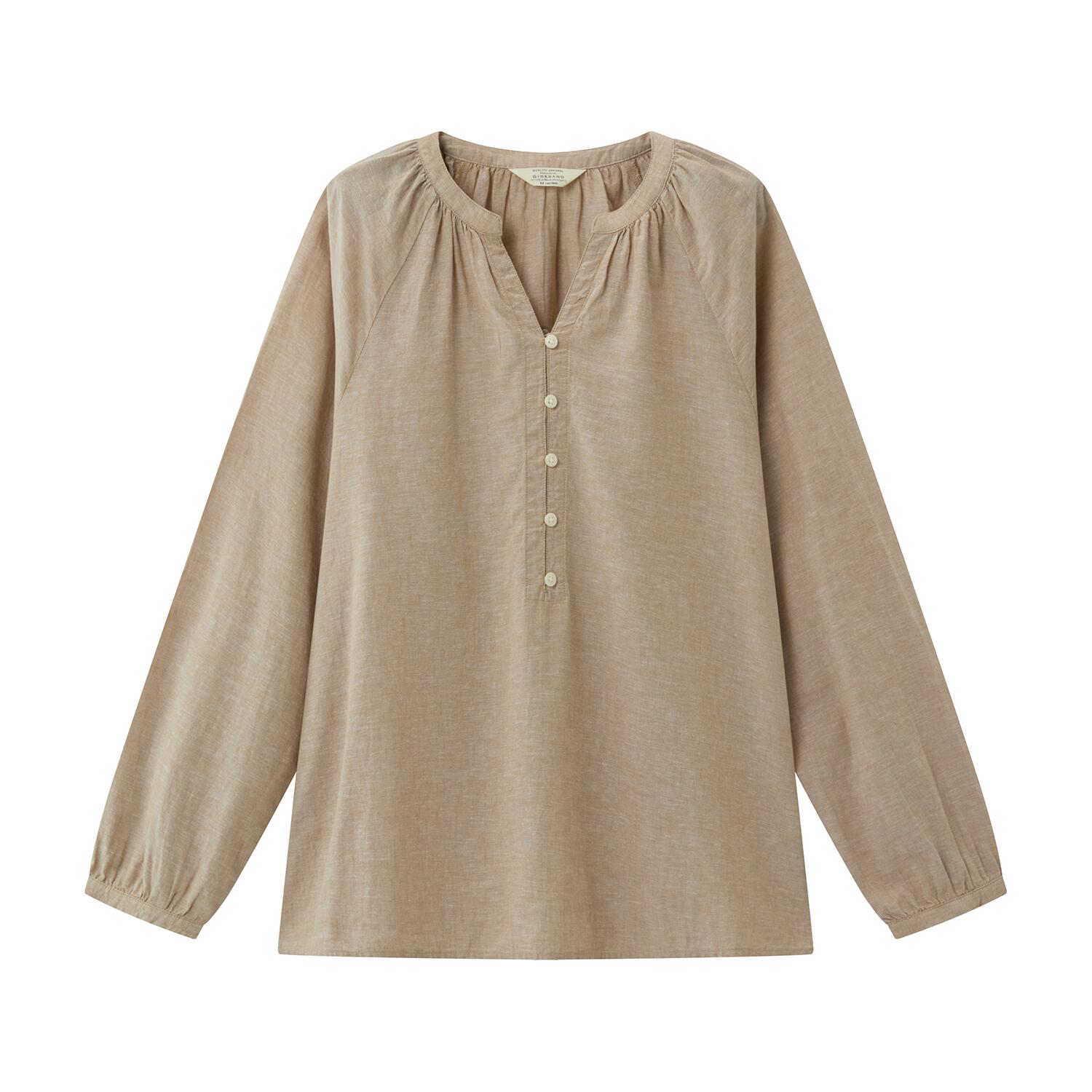 Women's Linen-Cotton Poplin V-Neck Long Sleeve Shirt