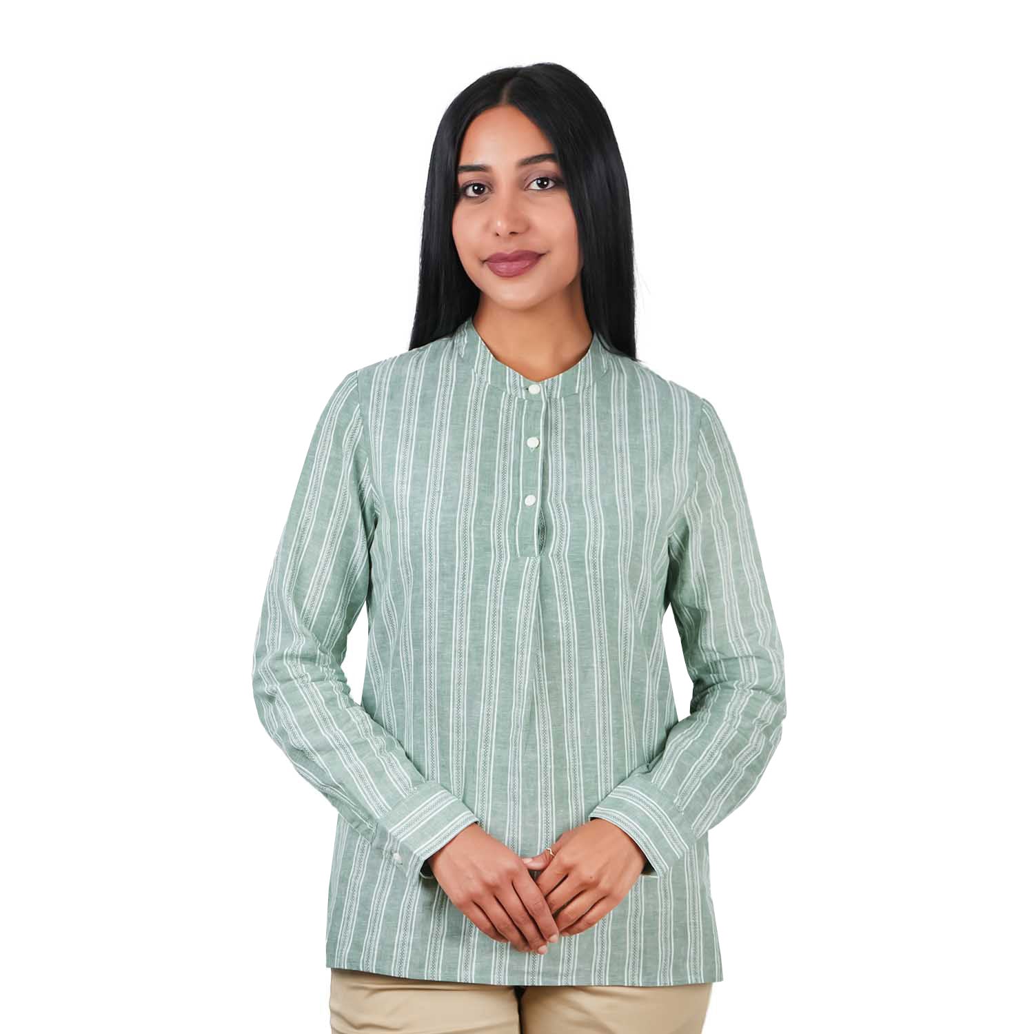 Women's Linen Cotton Dobby Shirt - Stand Collar, Garment Wash Comfort Fit