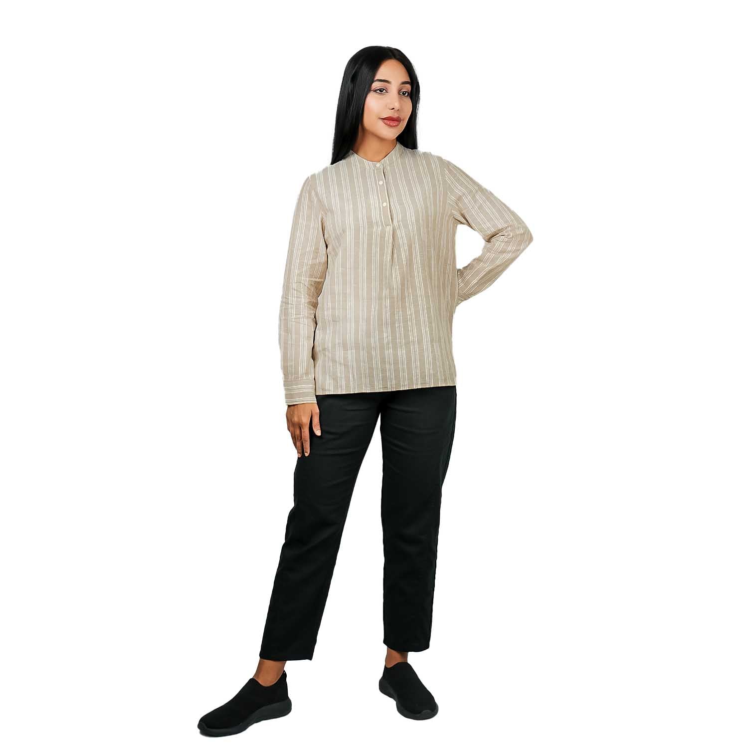 Women's Linen Cotton Dobby Shirt - Stand Collar, Garment Wash Comfort Fit