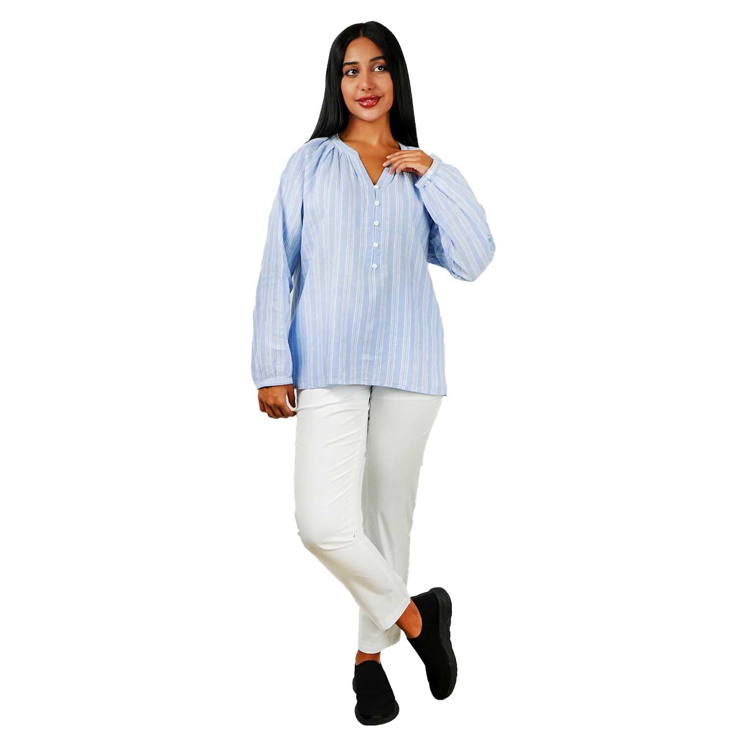 Women's Linen Cotton Dobby V-Neck Shirt - Comfort Fit