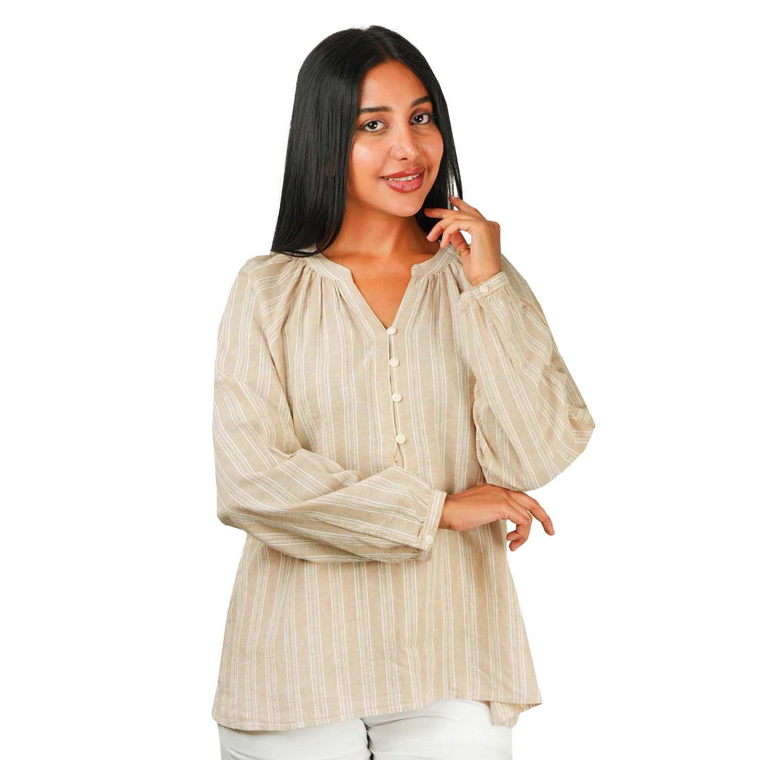 Women's Linen Cotton Dobby V-Neck Shirt - Comfort Fit
