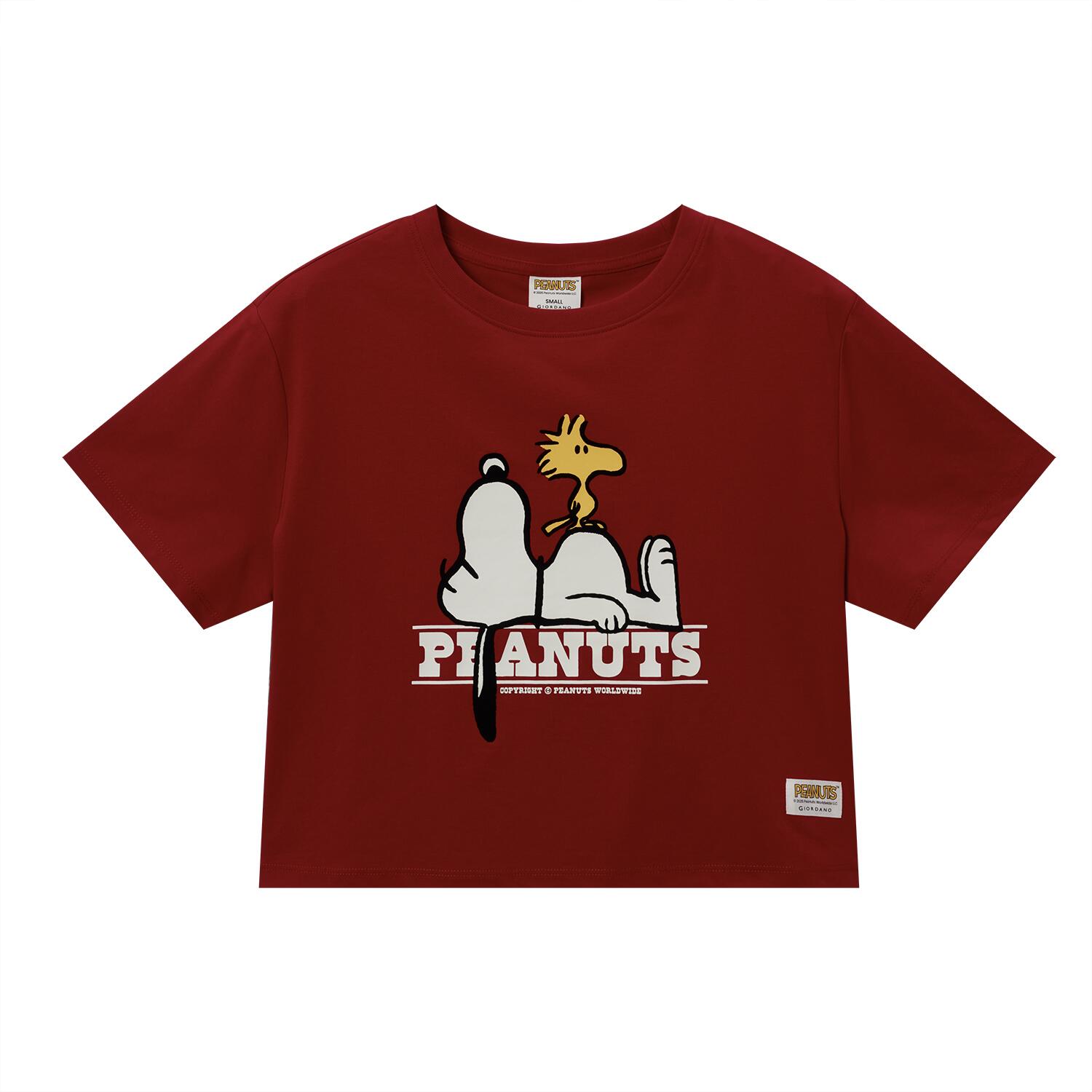 Women's Snoopy & Woodstock Print Crop Tee - Haut Red Cotton-Poly Blend