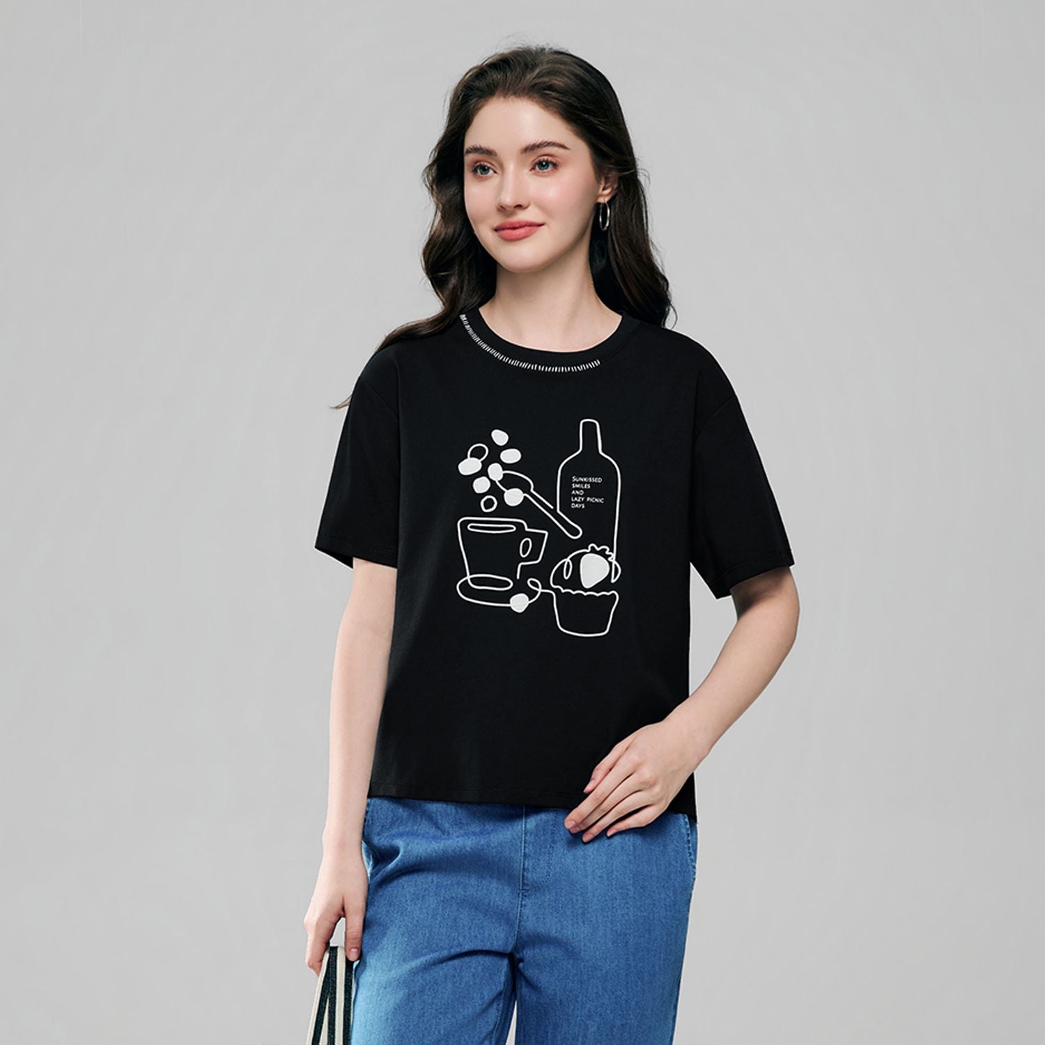 Women Boyfriend Cotton Print Crew Tee