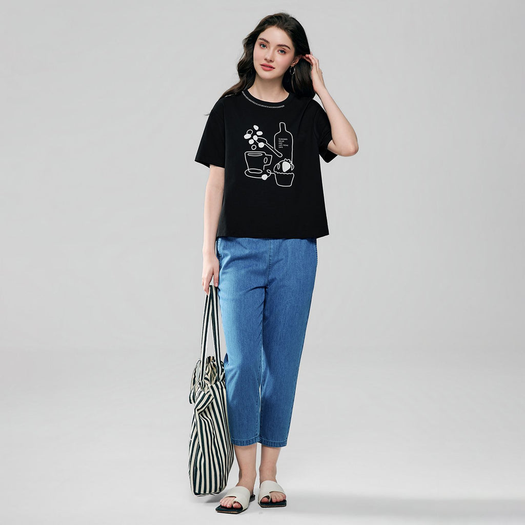Women Boyfriend Cotton Print Crew Tee