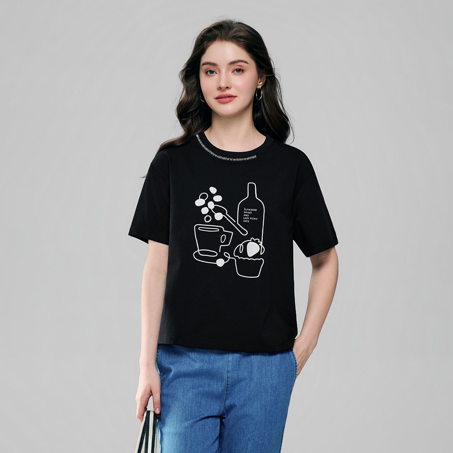 Women Boyfriend Cotton Print Crew Tee