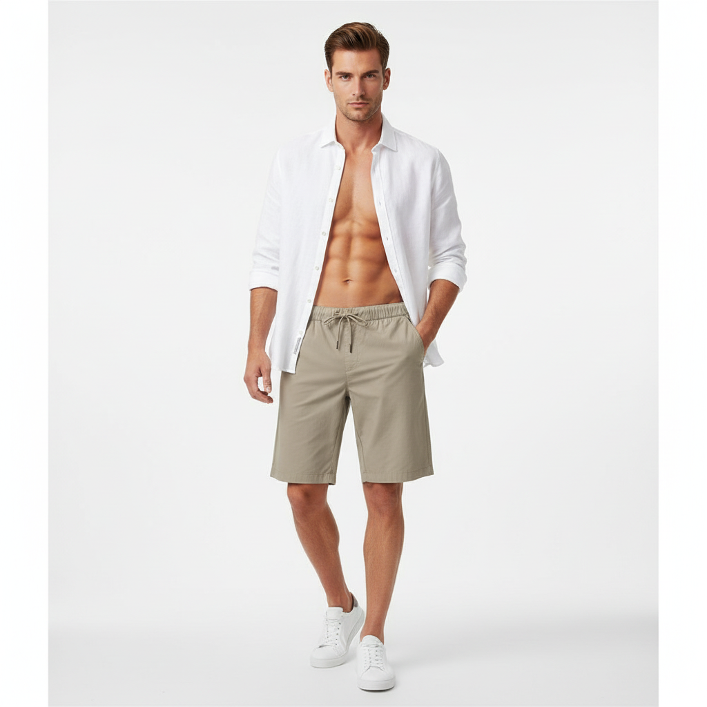 Men’s Relaxed Twill Mid-Rise Shorts with Elastic Waist