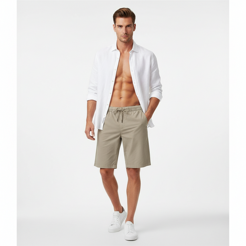 Men’s Relaxed Twill Mid-Rise Shorts with Elastic Waist
