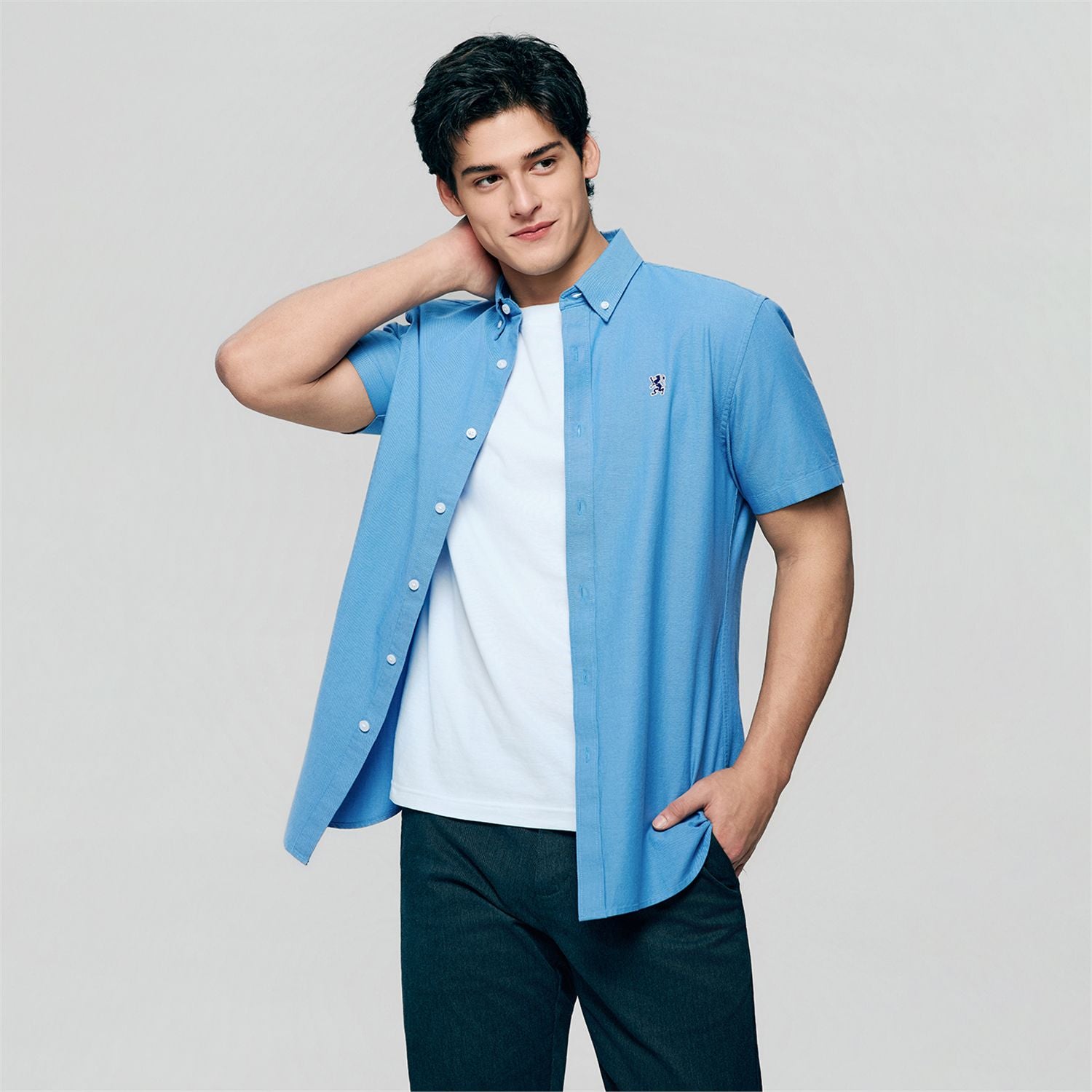 Men’s Cotton Oxford Slim Fit Short-Sleeve Shirt with Embroidery