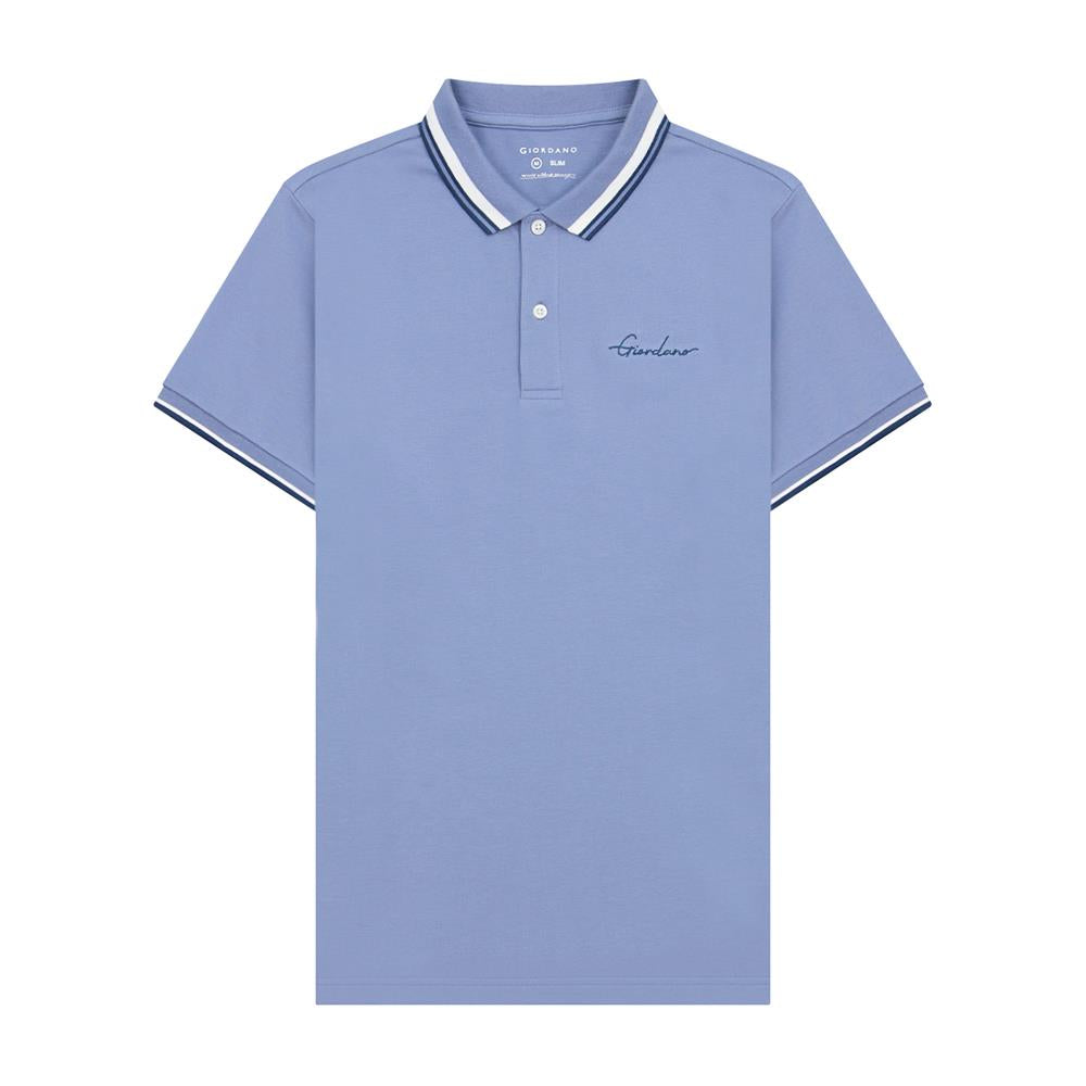 Giordano Men's Slim Fit Cotton Polo Shirt With Sailboat Embroidery-Blue