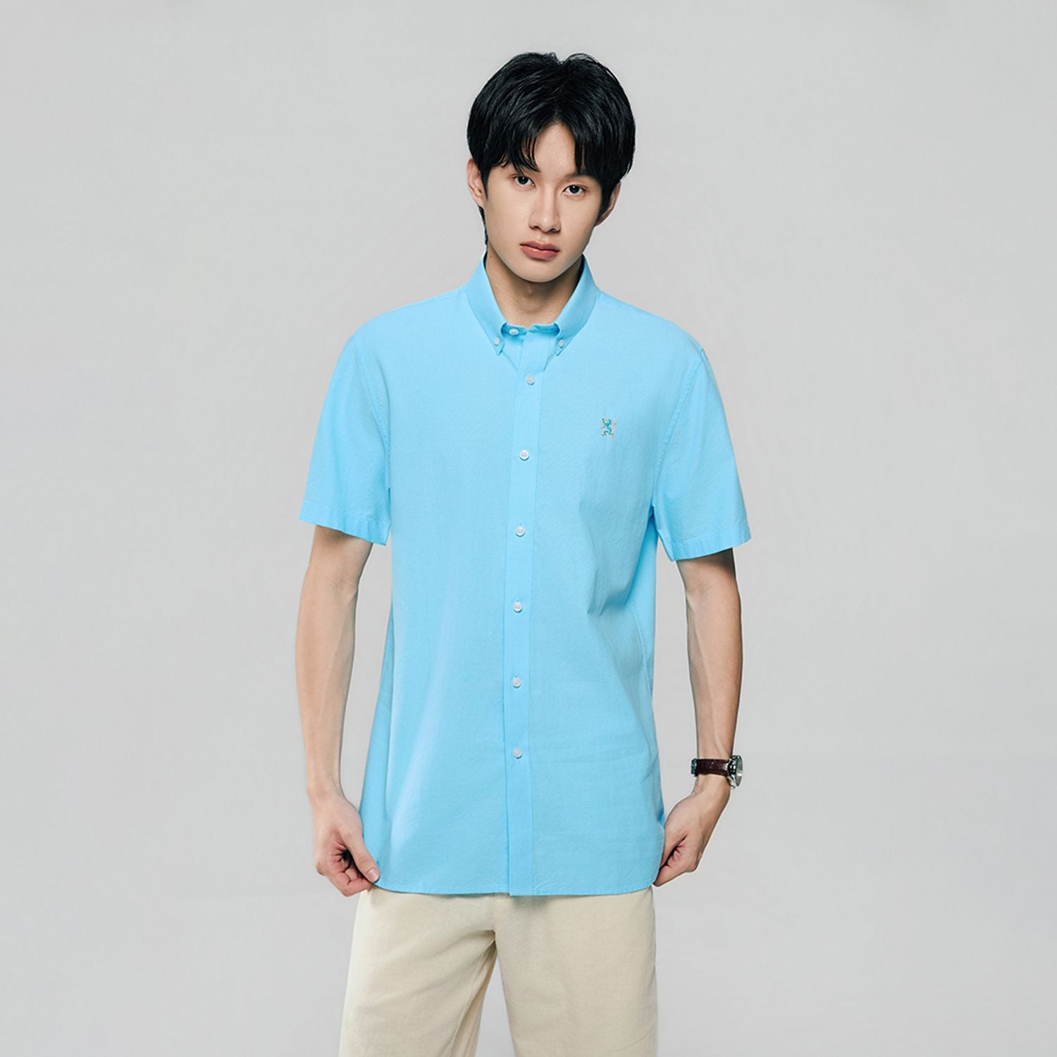 Men’s Cotton Oxford Slim Fit Short-Sleeve Shirt with Embroidery