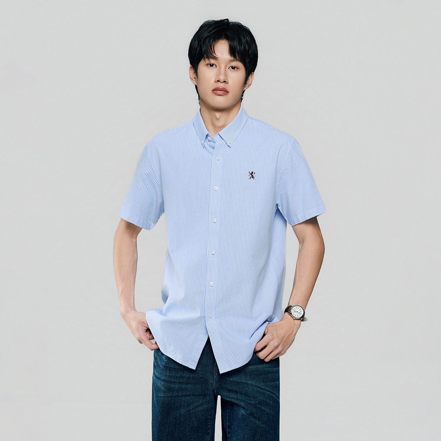 Men’s Cotton Oxford Slim Fit Short-Sleeve Shirt with Embroidery