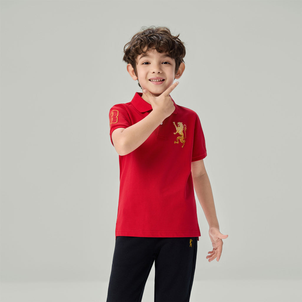 Kids’ Slim Fit Lion Embroidered Cotton Polo