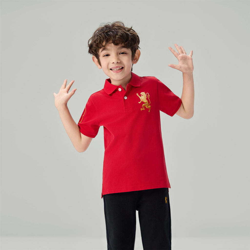Kids’ Slim Fit Lion Embroidered Cotton Polo