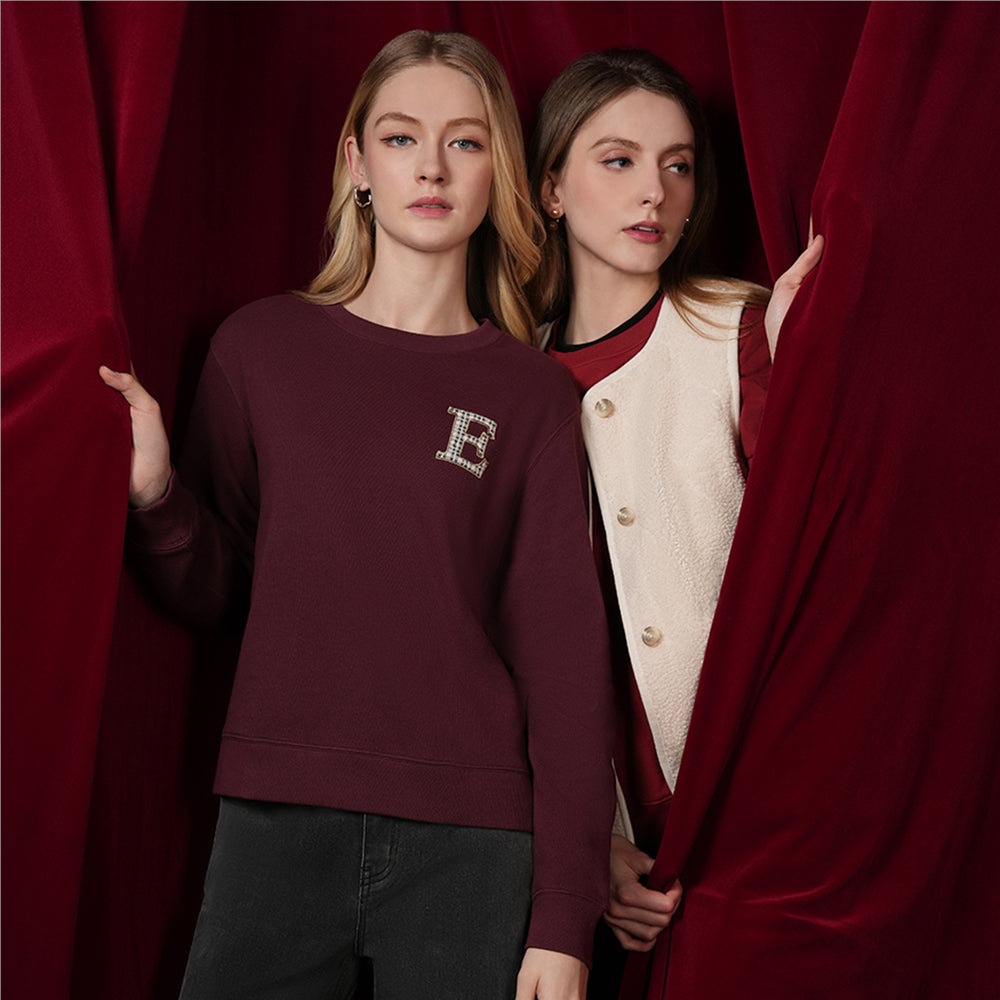 Giordano Women's Cozy Waffle Knit Sweatshirt-Red