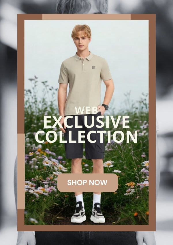 Man wearing a beige polo shirt and black shorts standing in a field with text 'WEB EXCLUSIVE COLLECTION' and 'SHOP NOW'.