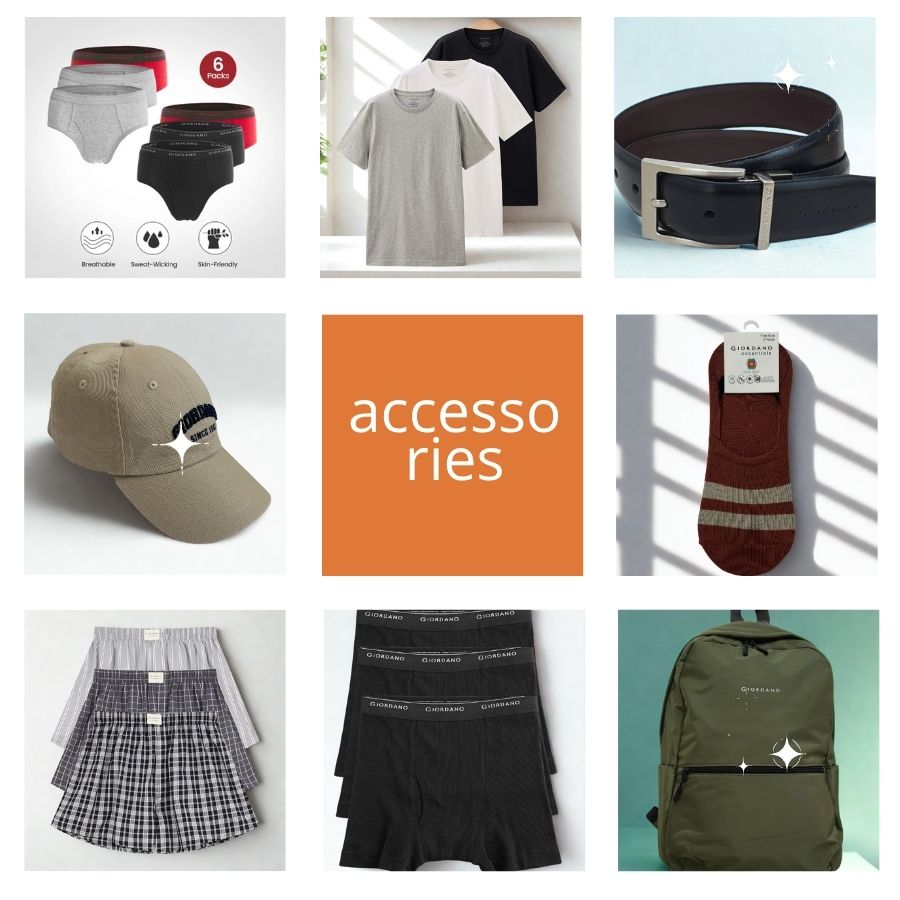 Collage of various clothing and accessories with 'accessories' text overlay.