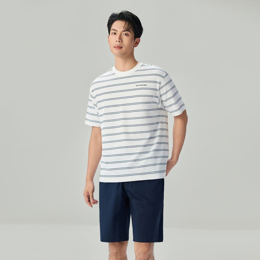 Giordano Men's Chiikawa Striped Cotton Relaxed Graphic Tee - Premium Print Tee