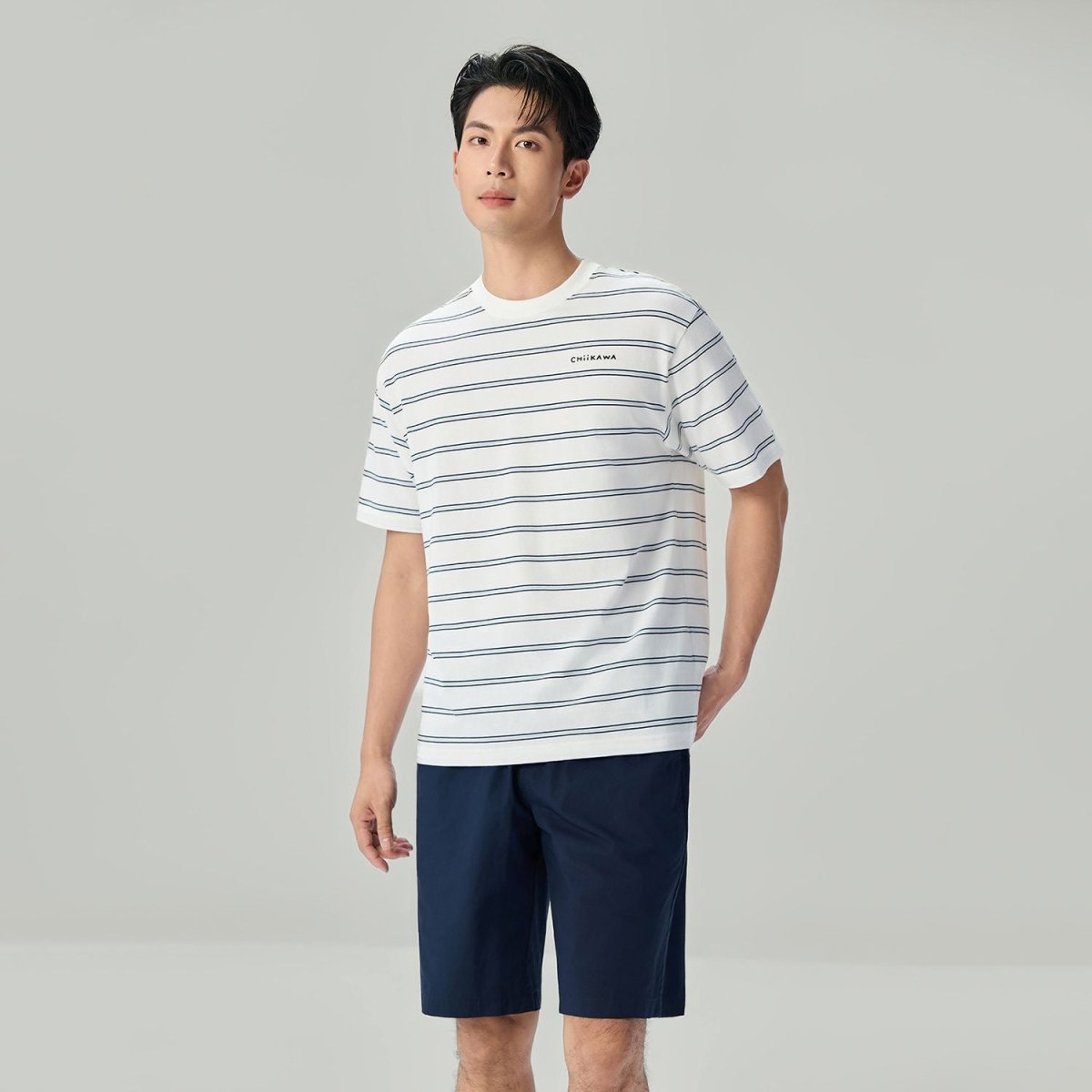 Giordano Men's Chiikawa Striped Cotton Relaxed Graphic Tee - Premium Print Tee