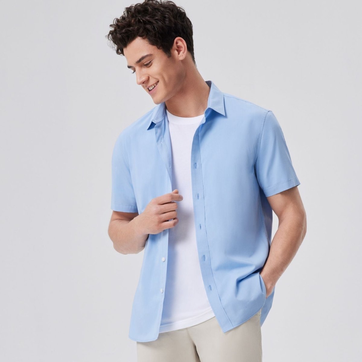 Giordano Men's Cool Twill Full Opening Short Sleeve Front Button Garment Wash Shirt - Premium Shirts