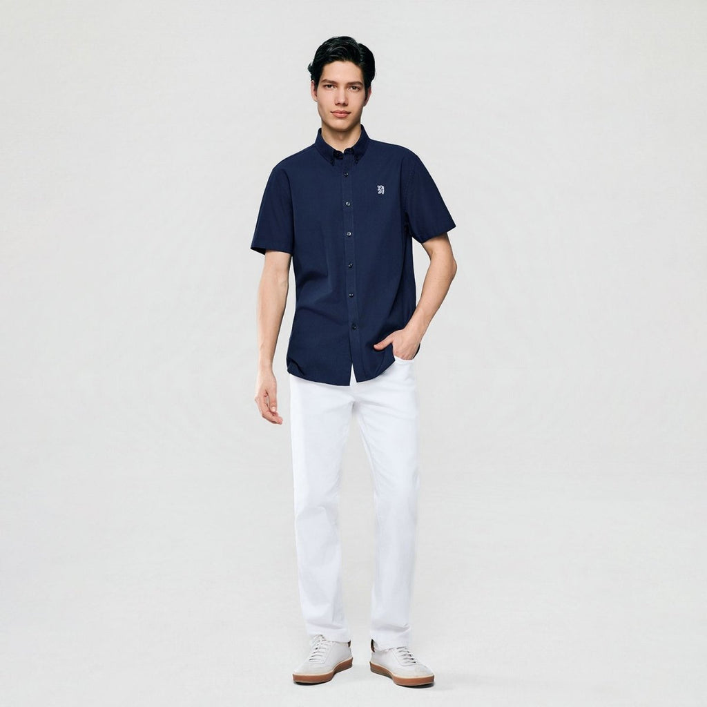 Giordano Men’s Cotton Oxford Slim Fit Short-Sleeve Shirt with Embroidery - Premium Shirts