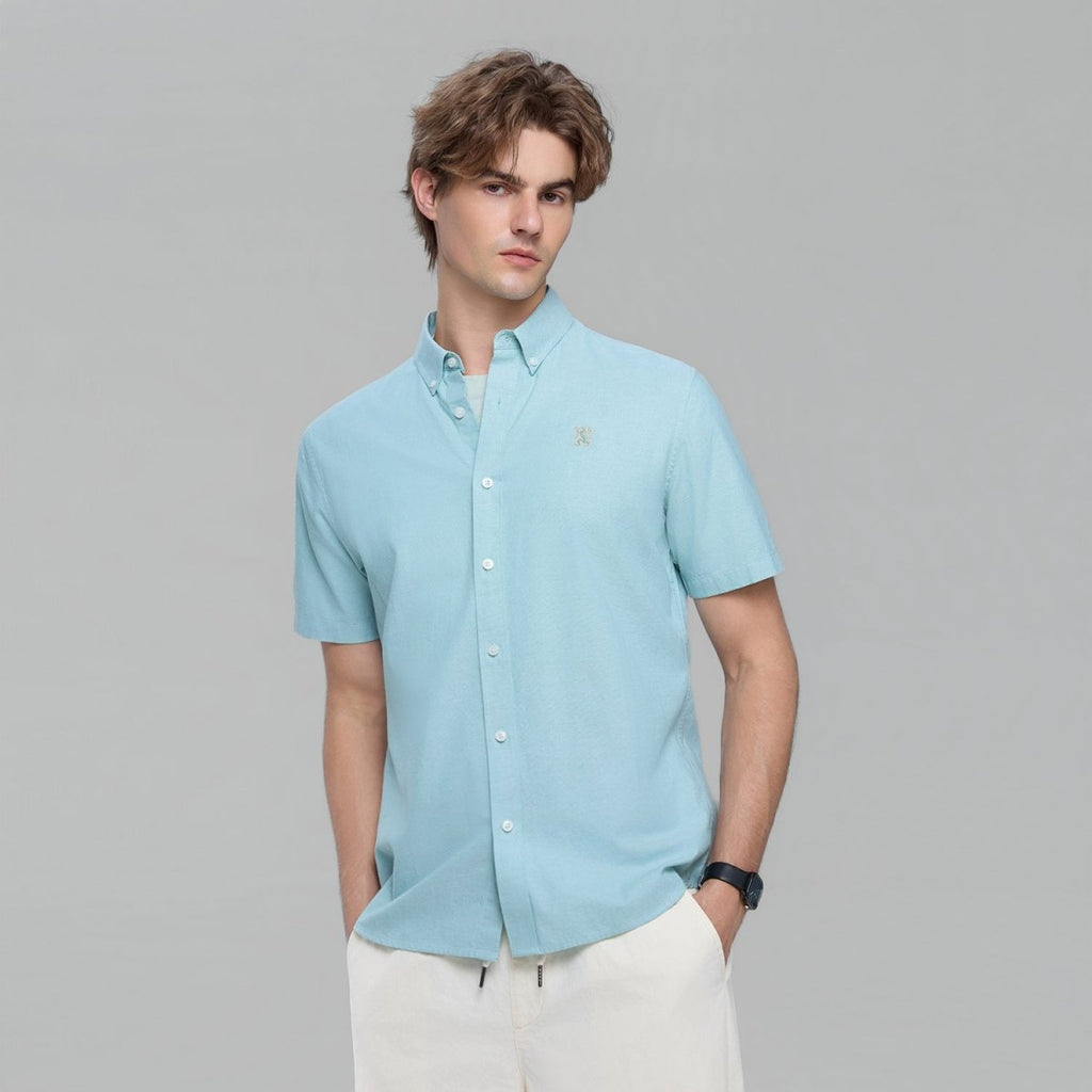 Giordano Men’s Cotton Oxford Slim Fit Short-Sleeve Shirt with Embroidery - Premium Shirts