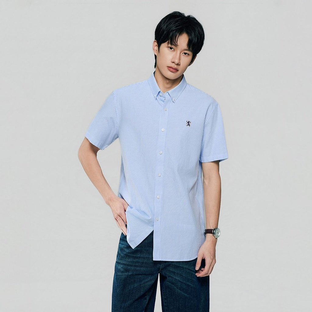 Giordano Men’s Cotton Oxford Slim Fit Short-Sleeve Shirt with Embroidery - Premium Shirts