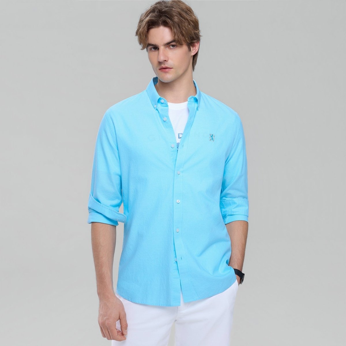 Giordano Men’s Cotton Slim Oxford Shirt with Embroidery - Premium Shirts