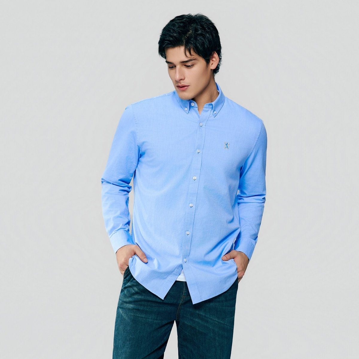 Giordano Men’s Cotton Slim Oxford Shirt with Embroidery - Premium Shirts