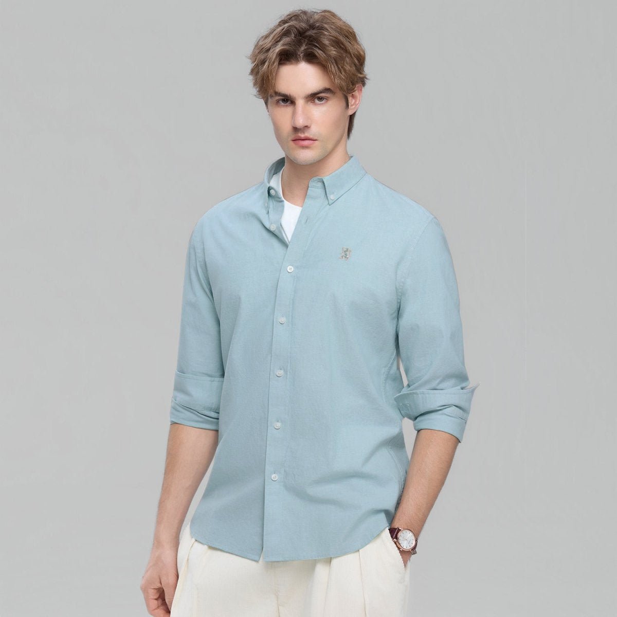 Giordano Men’s Cotton Slim Oxford Shirt with Embroidery - Premium Shirts