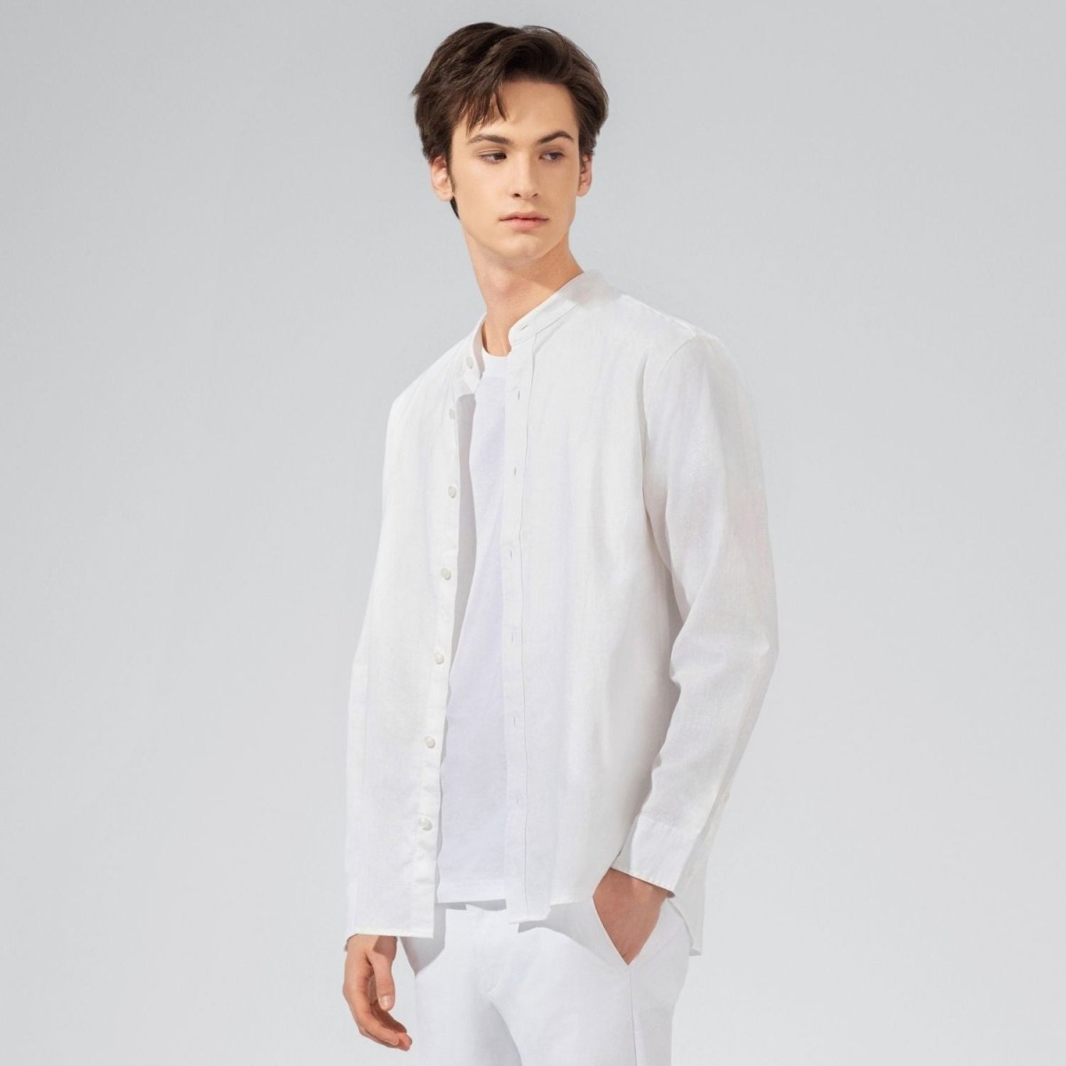 Giordano Men's Linen Poplin Blend Stand Collar Shirt - Premium Shirts