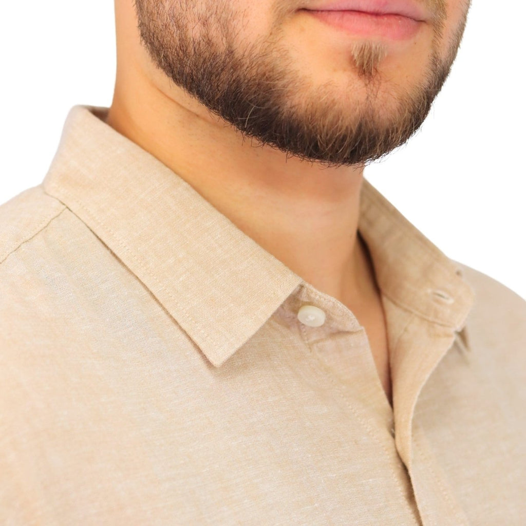 Giordano Men's Linen Short Sleeve Slim Fit Front Button Garment Wash Shirt - Premium Shirts