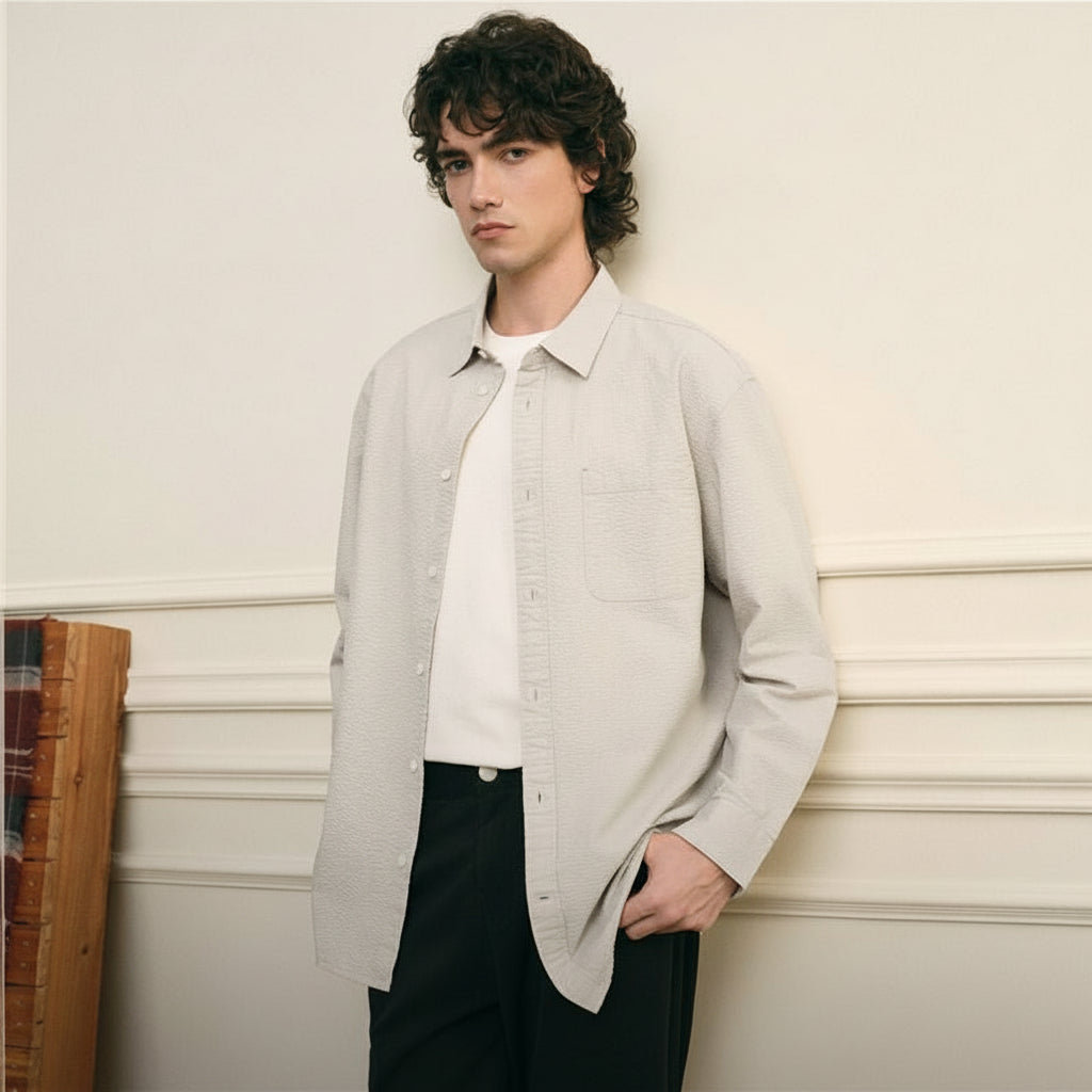 Giordano Men’s Relaxed Seersucker Long Sleeve Button Shirt - first_variant_option_2 Premium Shirt for Giordano