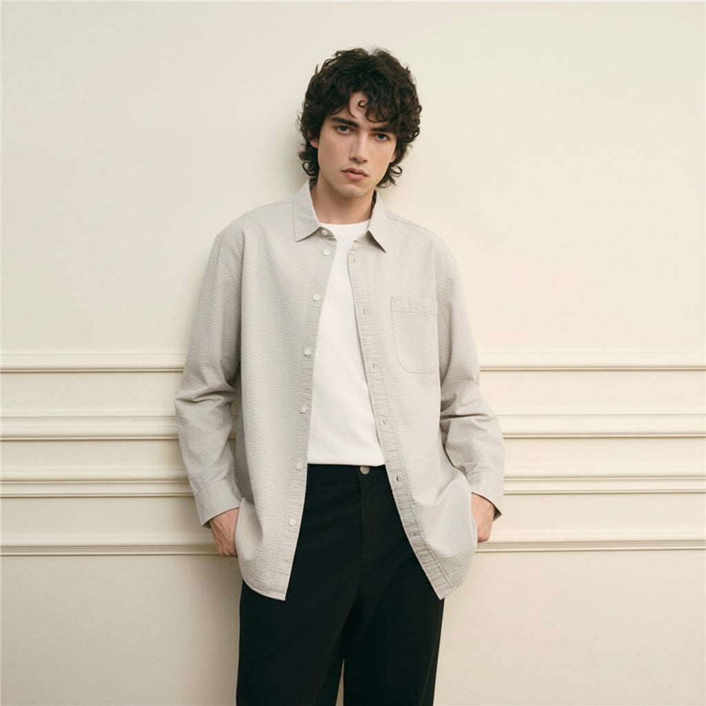 Giordano Men’s Relaxed Seersucker Long Sleeve Button Shirt - first_variant_option_2 Premium Shirt for Giordano